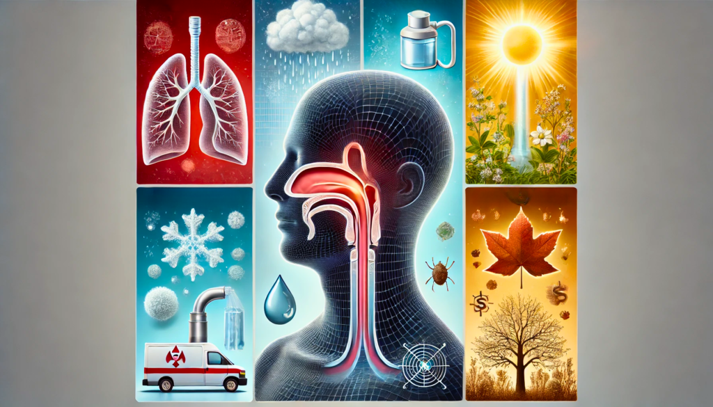 A clean, medical-themed cover image for an article about nasal septal perforations and seasonal changes. A human silhouette shows a transparent nasal passage with a small perforation in the septum. The background is split into four sections, each symbolising a season. Winter includes a humidifier and heating elements; Spring features flowers, pollen, and allergen symbols; Summer shows sunlight and a water bottle for hydration; Fall displays falling leaves and mold spores. The image is visually informative, emphasising the relationship between seasons and nasal health.