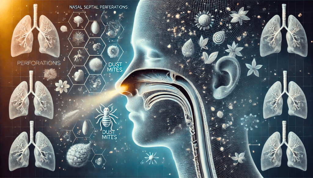 A side profile of a human face with a transparent nasal passage highlighting a small perforation in the septum. Surrounding the nose are symbolic representations of allergens, including pollen, dust mites, and mold spores. Arrows illustrate the airflow and congestion effects in the nasal cavity, conveying the connection between allergies and nasal septal perforations. The design is clean and medical-themed, with no text in the background.