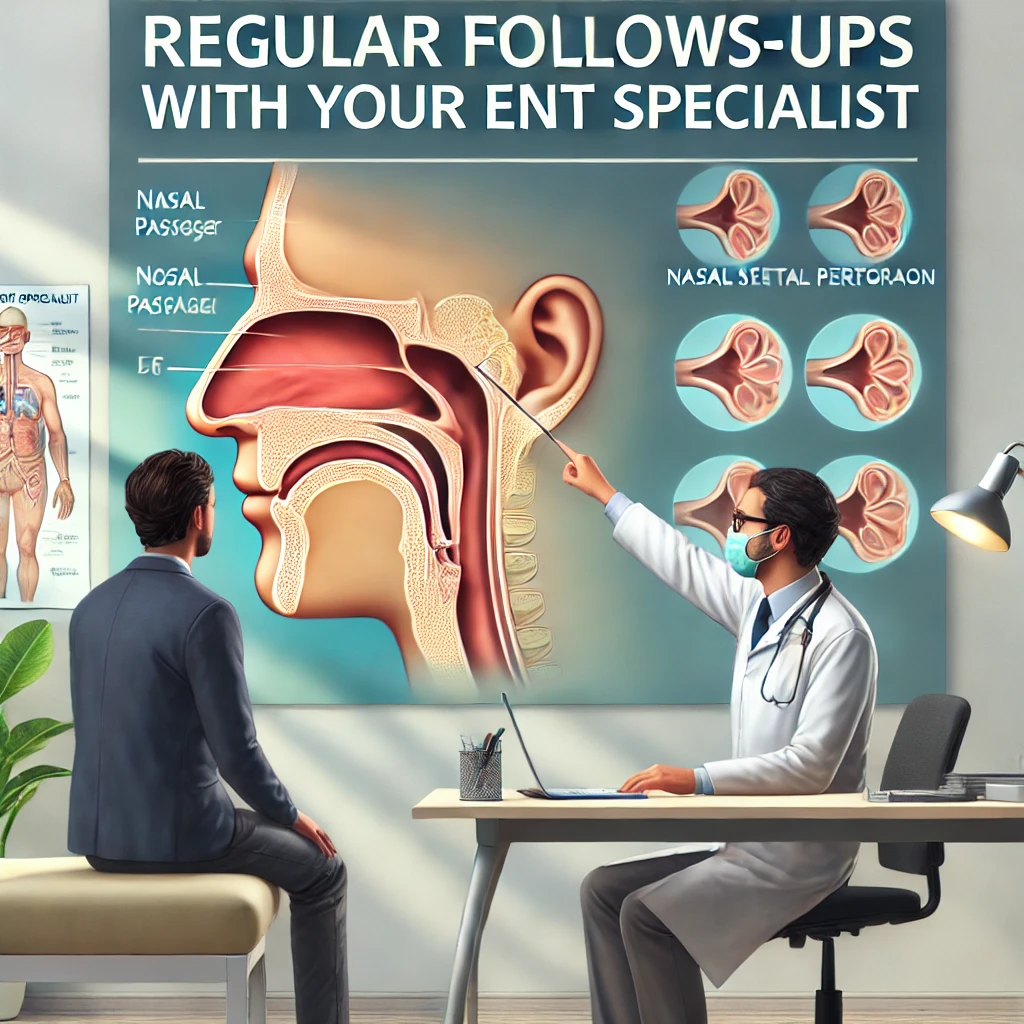 A patient sits in a doctor's office, discussing their nasal condition with an ENT specialist who points to a nasal passage chart on the wall.