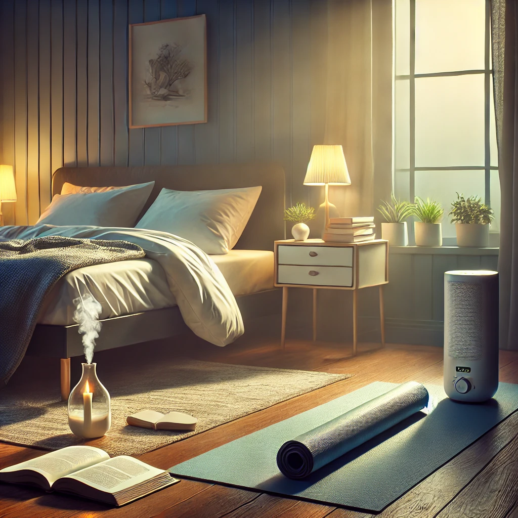 A cozy bedroom featuring a humidifier on the bedside table next to a nasal saline spray. Soft lighting fills the room, and a window with gentle sunlight is visible.