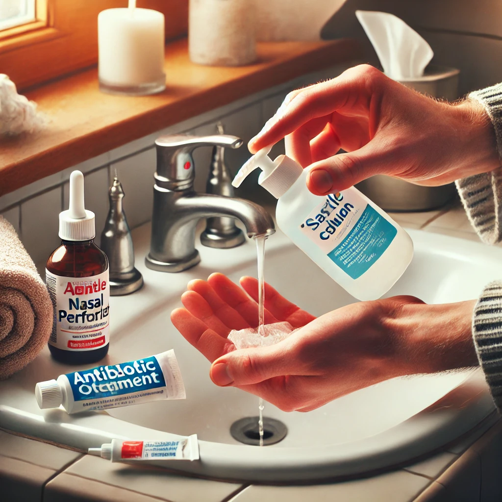 A person rinsing their nose with a saline solution over a sink, with a towel and ointment nearby for gentle nasal care.