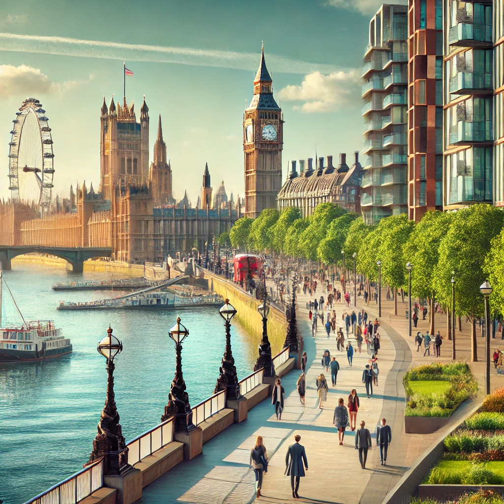 Riverside promenade along the South Bank of London, featuring the Thames River, Big Ben, Houses of Parliament, and the London Eye in the background