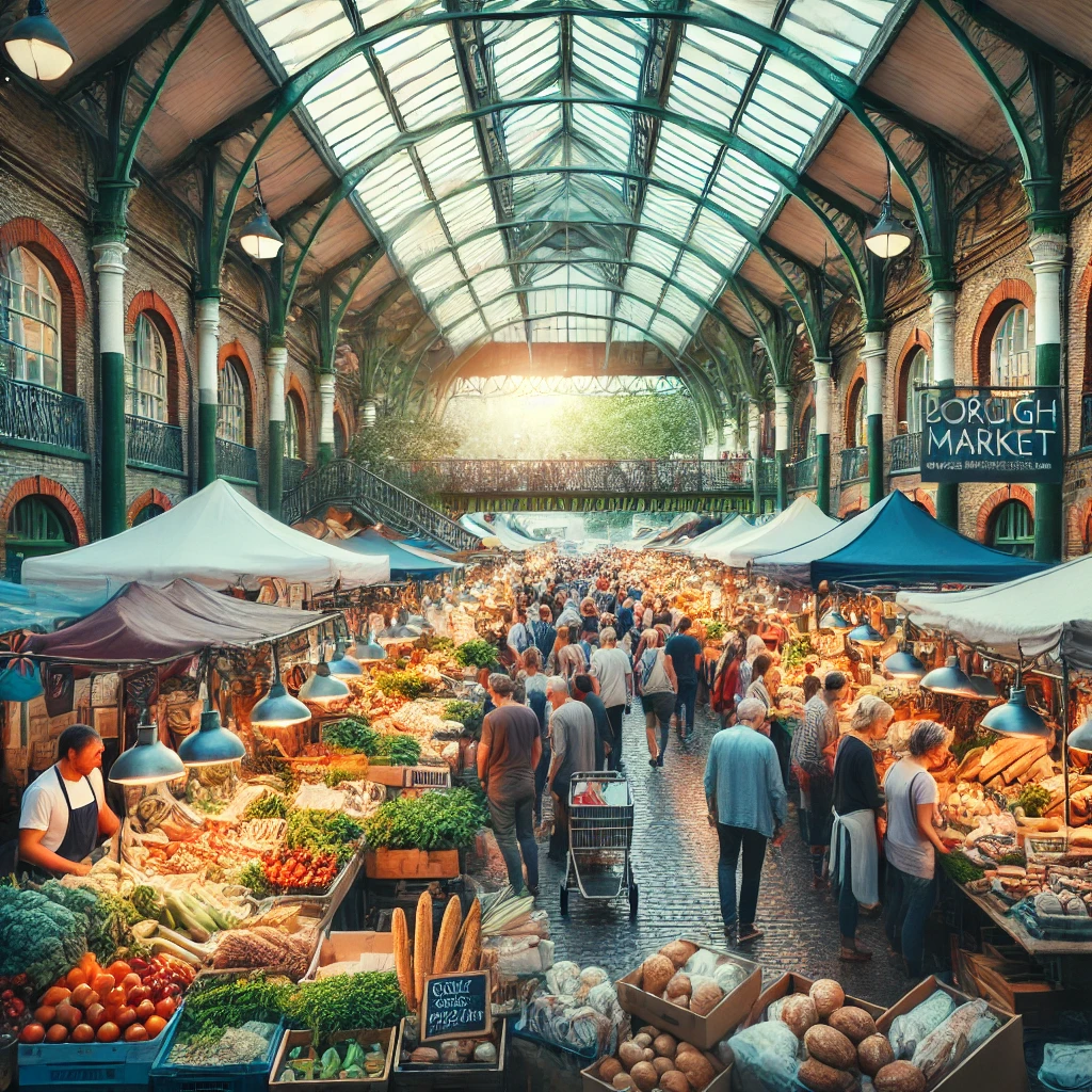 Bustling Borough Market in London with food stalls offering fresh produce, bread, and street food, under a glass and iron roof.