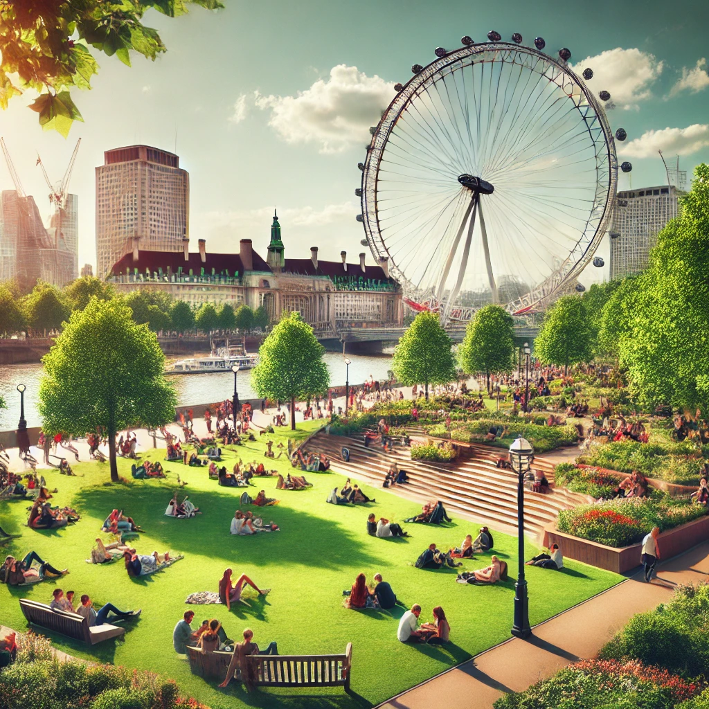 Jubilee Gardens in London, showing people relaxing on the grass with the London Eye in the background on a sunny day.