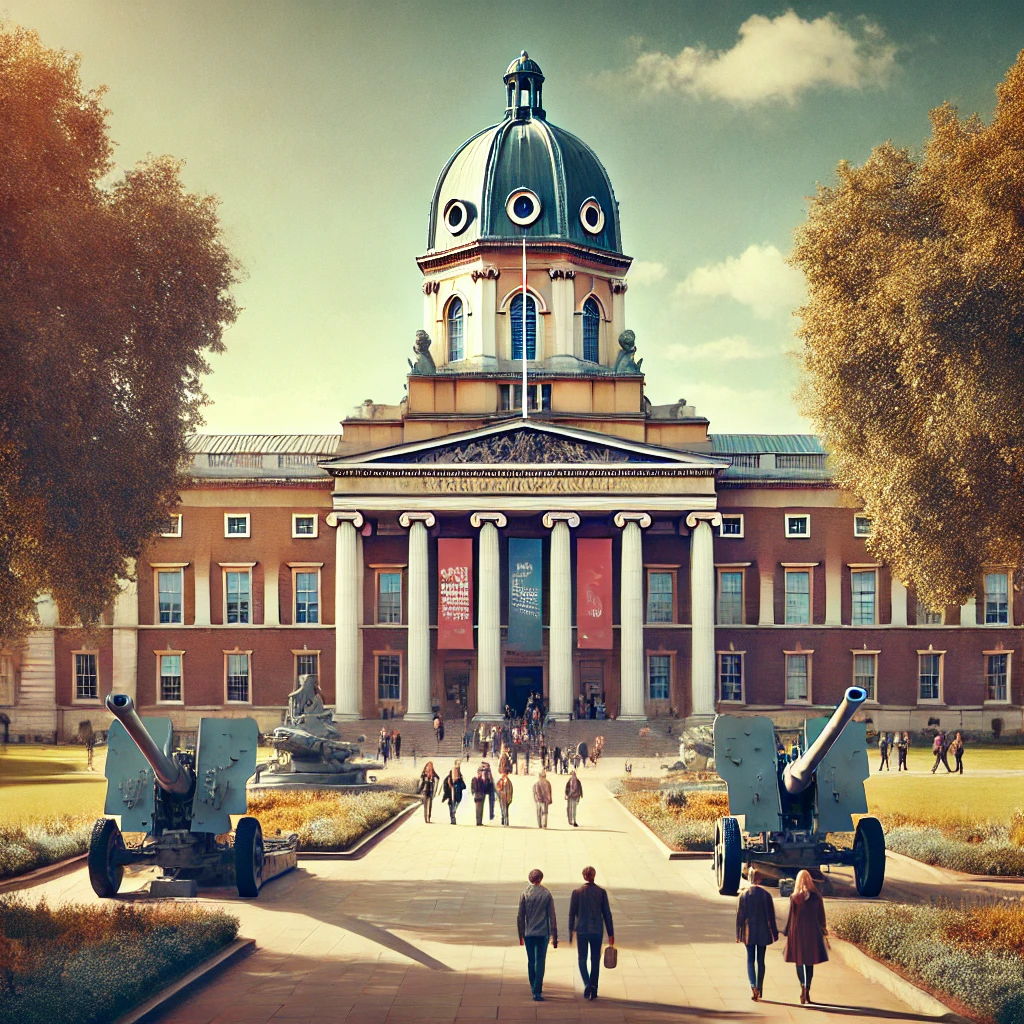 he Imperial War Museum in London, with large naval guns at the entrance and visitors approaching the building surrounded by greenery.