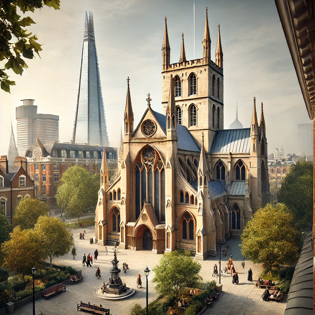 Southwark Cathedral’s Gothic architecture with The Shard in the background, blending historic and modern London.