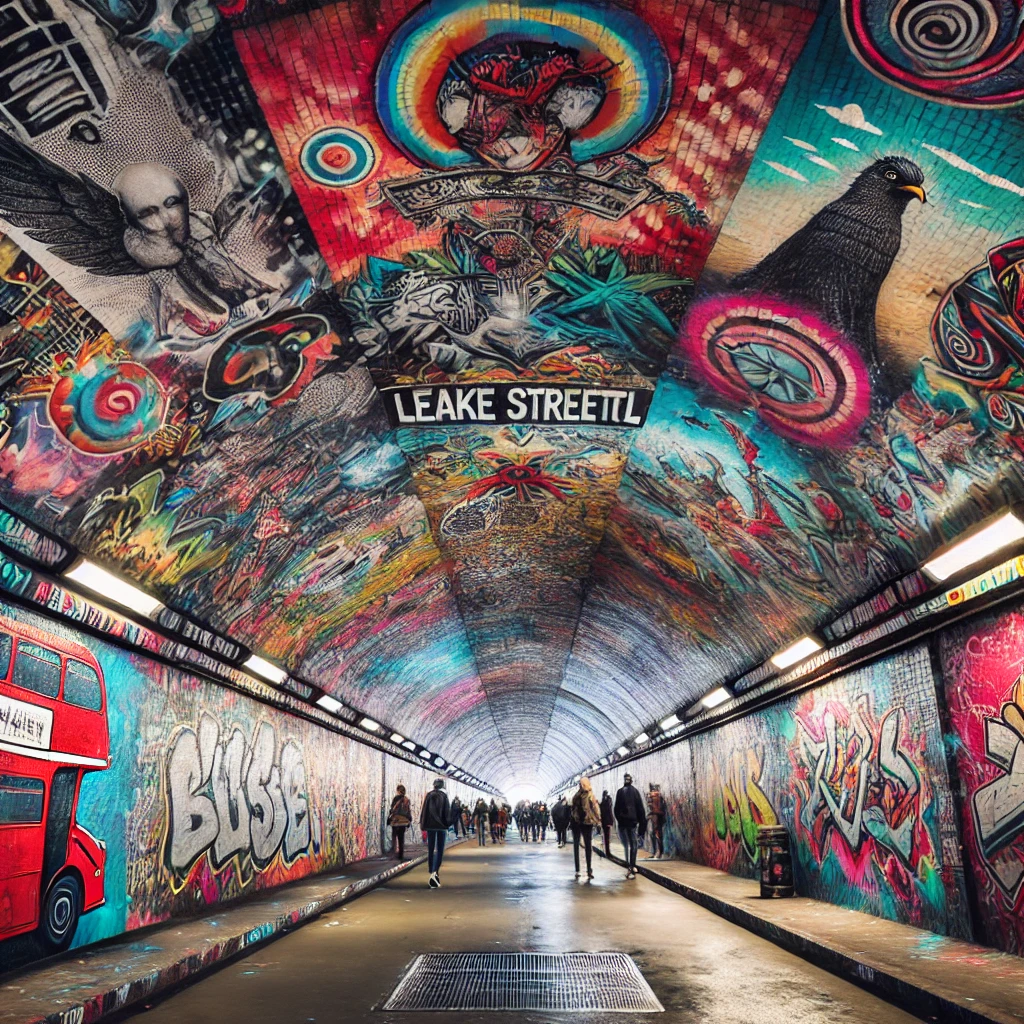 Leake Street Tunnel in London, featuring vibrant street art and graffiti along the tunnel walls, with people walking through and admiring the artwork.