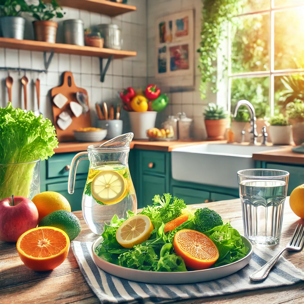 A table set with a fresh salad, citrus fruits, leafy greens, and a glass of water in a well-lit kitchen, promoting a diet for nasal health.