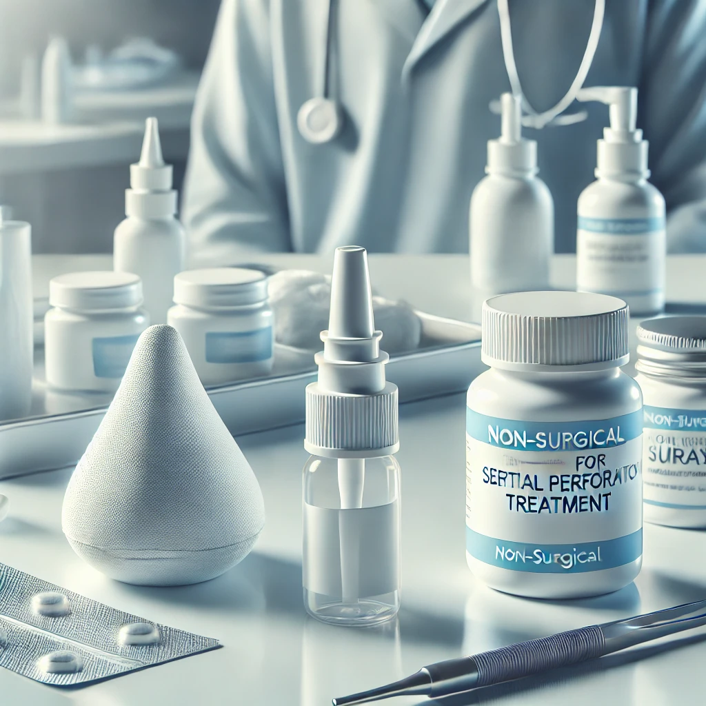 Non-Surgical Management for Septal Perforation Treatment, featuring non-surgical tools like nasal sprays and ointments in a clean, clinical setting.