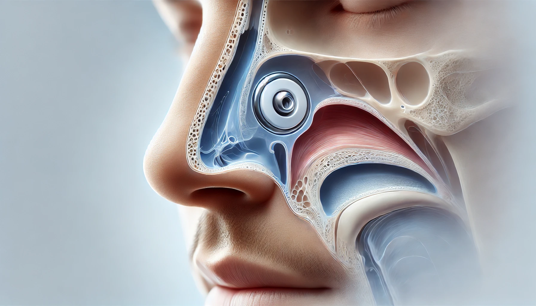 A detailed medical illustration of a human nose, showing a cross-section view of the nasal septum with a septal button device in place. The design features soft blue and white tones, highlighting the anatomy and surgical aspect of the septal button.