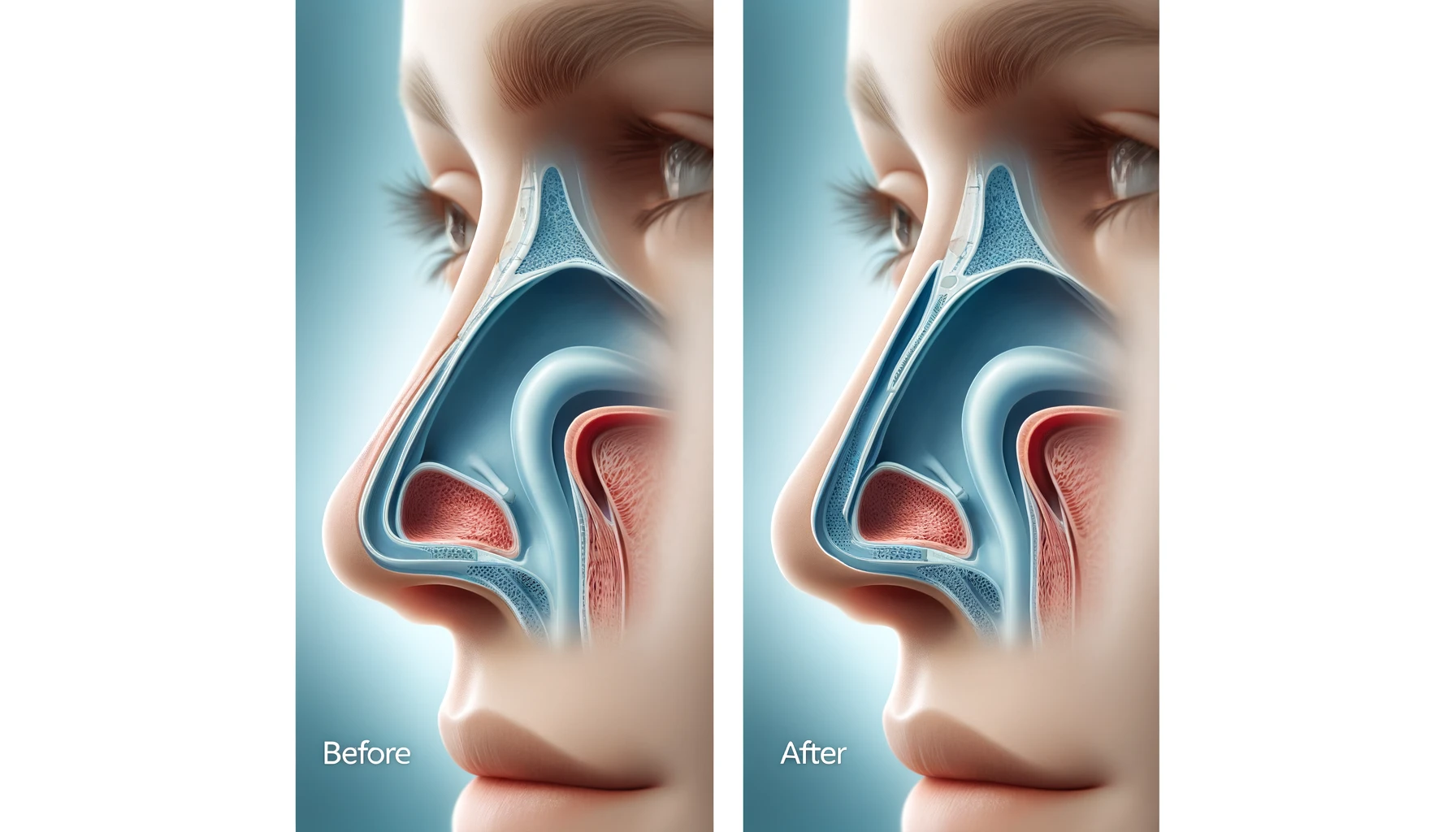 A medical illustration showing a before and after view of a deviated septum repair. The cross-section of a human nose highlights a curved, deviated septum in the 'before' view and a straightened septum in the 'after' view. The image uses soft blue and white tones to create a clean, clinical look.