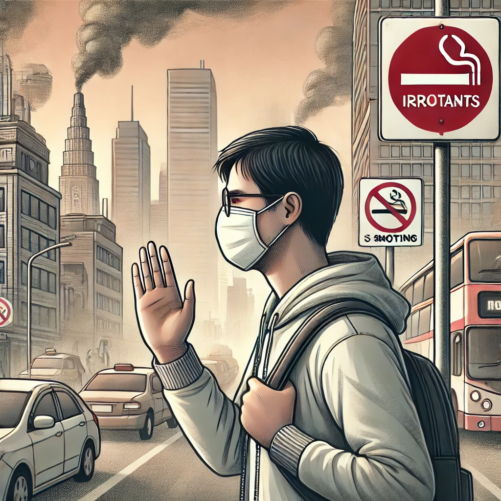 A person wearing a face mask in a city with smoke and pollution in the background, holding up a hand to avoid irritants.