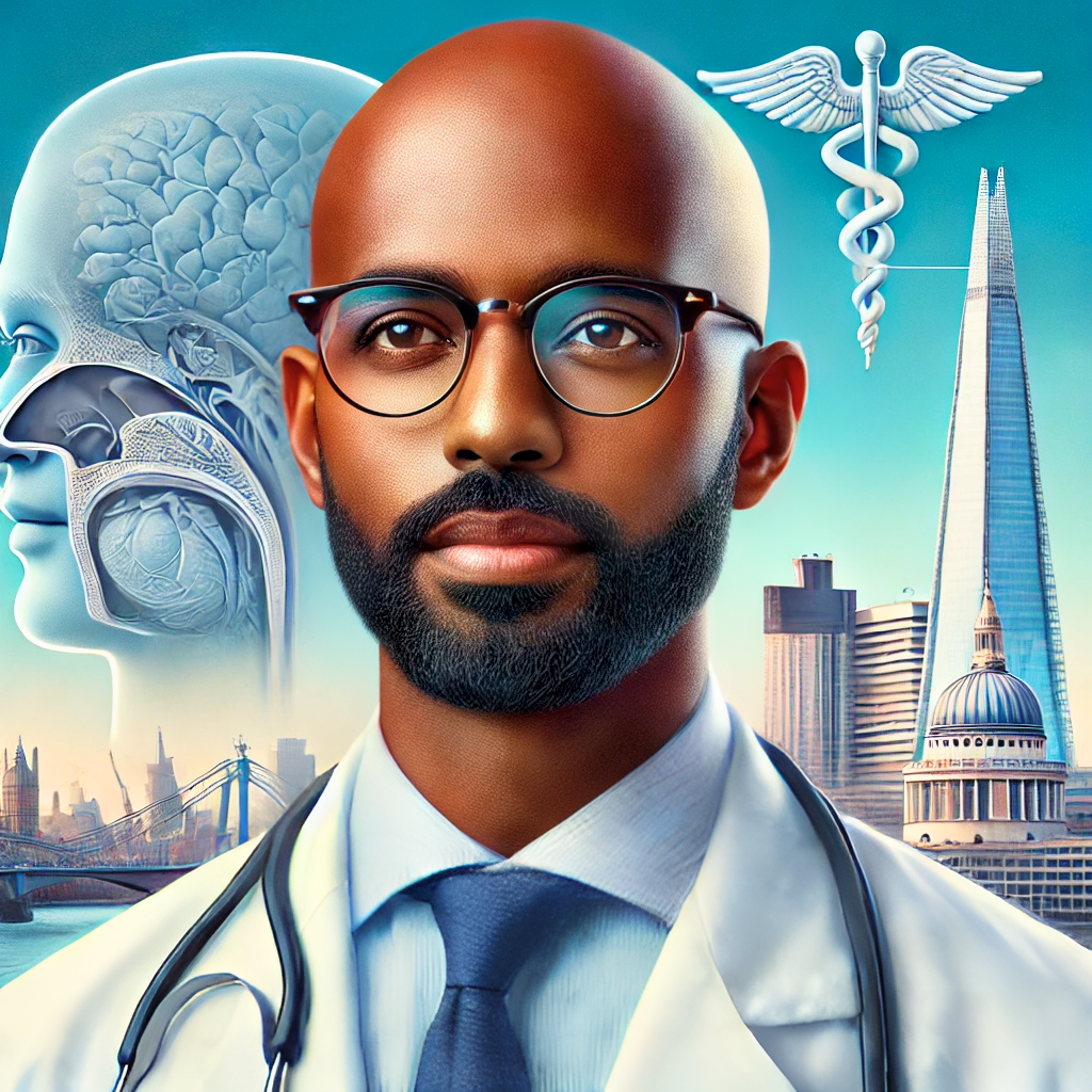 A professional portrait of Mr Hassan Elhassan, an ENT specialist with a bald head, beard, and glasses. He is wearing a white coat and stethoscope, with illustrations of nasal anatomy and the London skyline in the background, highlighting his expertise in septal perforation repair.